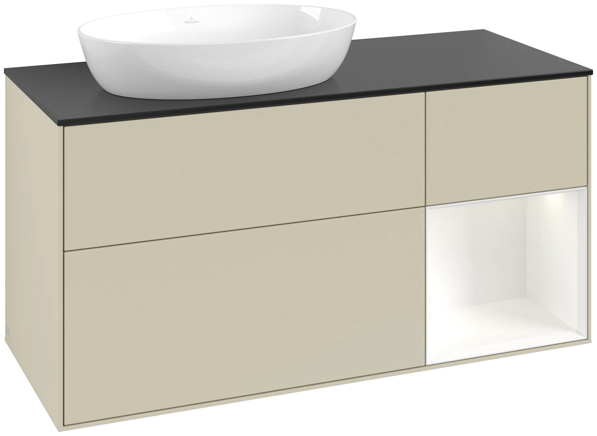 Bild von VILLEROY BOCH Finion Waschbeckenunterschrank, mit Beleuchtung, 3 Auszüge, 1200 x 603 x 501 mm, Silk Grey Matt Lacquer / White Matt Lacquer / Glass Black Matt #FA52MTHJ