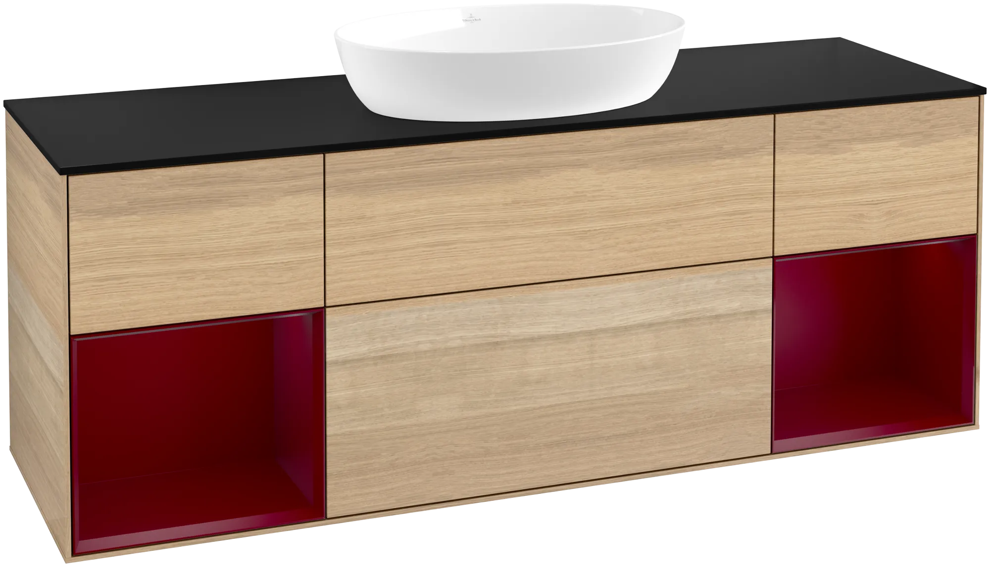 Bild von VILLEROY BOCH Finion Waschbeckenunterschrank, mit Beleuchtung, 4 Auszüge, 1600 x 603 x 501 mm, Oak Veneer / Peony Matt Lacquer / Glass Black Matt #FD02HBPC