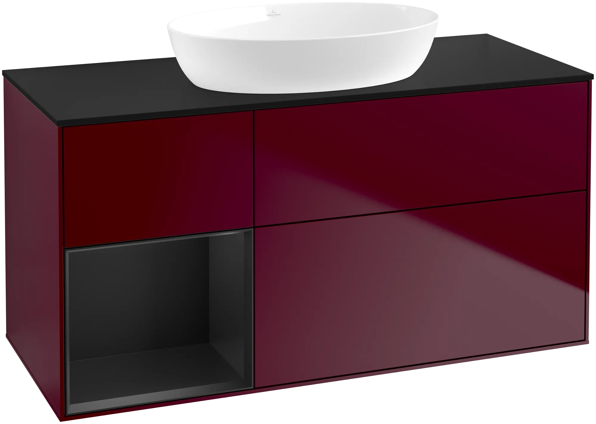 Bild von VILLEROY BOCH Finion Waschbeckenunterschrank, mit Beleuchtung, 3 Auszüge, 1200 x 603 x 501 mm, Peony Matt Lacquer / Black Matt Lacquer / Glass Black Matt #FA62PDHB