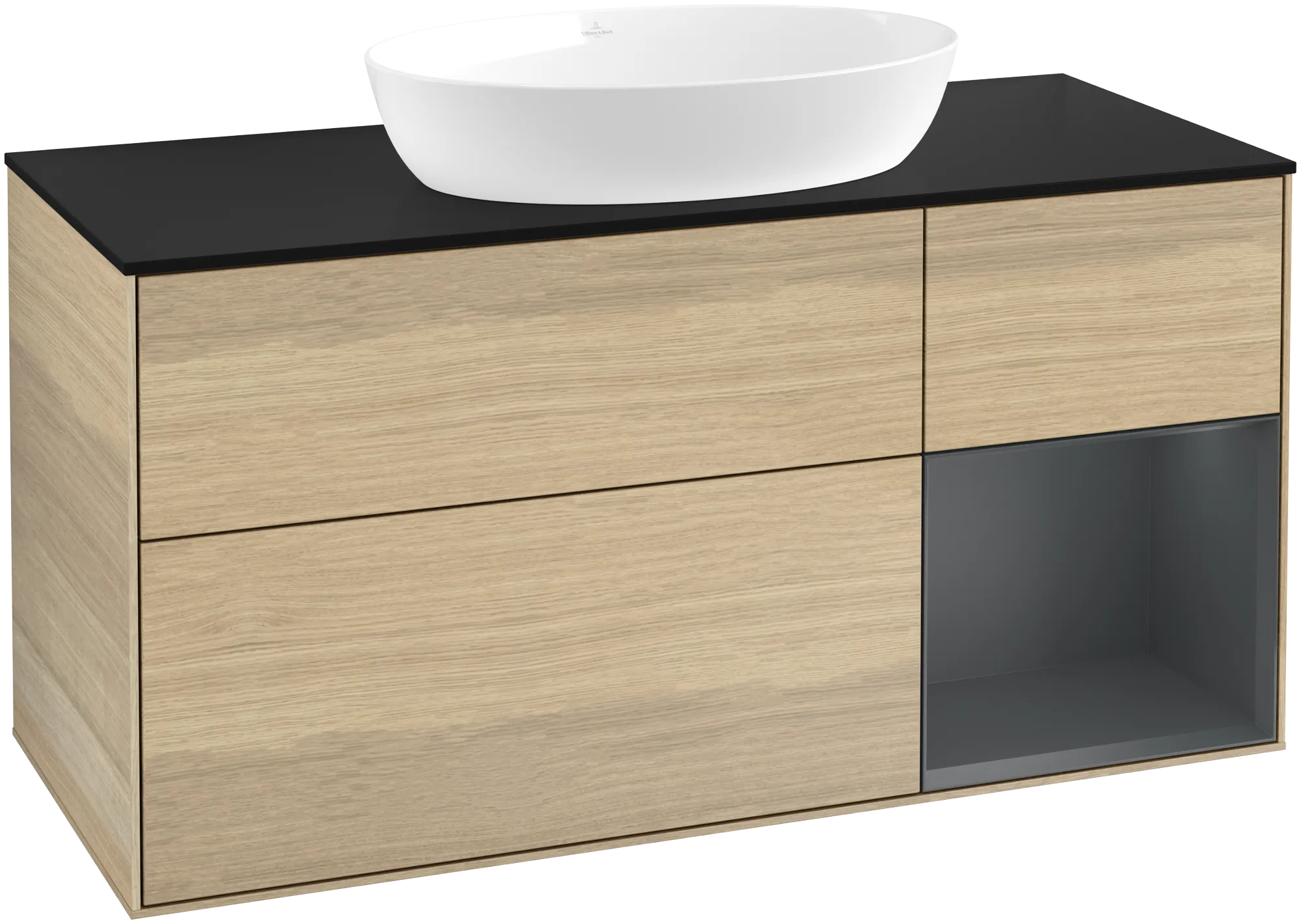 Bild von VILLEROY BOCH Finion Waschbeckenunterschrank, mit Beleuchtung, 3 Auszüge, 1200 x 603 x 501 mm, Oak Veneer / Midnight Blue Matt Lacquer / Glass Black Matt #FA72HGPC