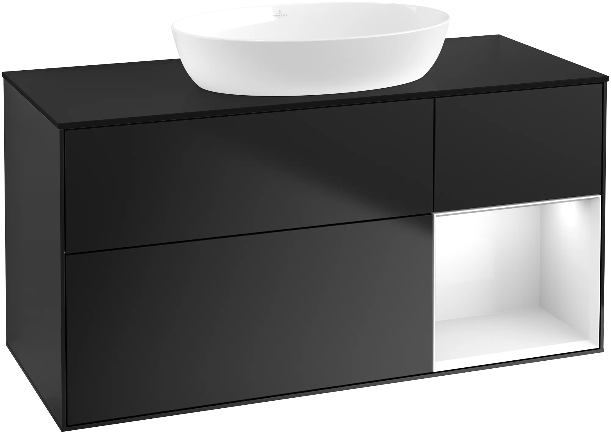 Bild von VILLEROY BOCH Finion Waschbeckenunterschrank, mit Beleuchtung, 3 Auszüge, 1200 x 603 x 501 mm, Black Matt Lacquer / Glossy White Lacquer / Glass Black Matt #FA72GFPD