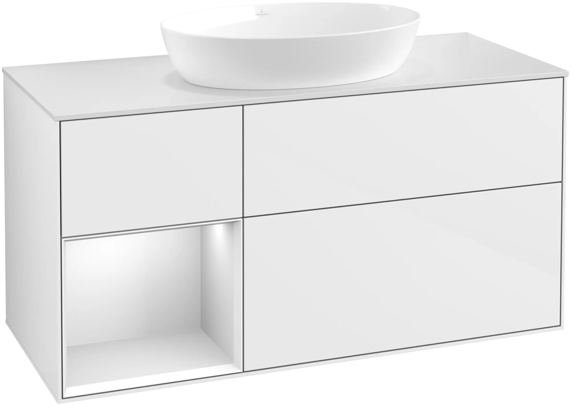 Bild von VILLEROY BOCH Finion Waschbeckenunterschrank, mit Beleuchtung, 3 Auszüge, 1200 x 603 x 501 mm, Glossy White Lacquer / White Matt Lacquer / Glass White Matt #FA61MTGF