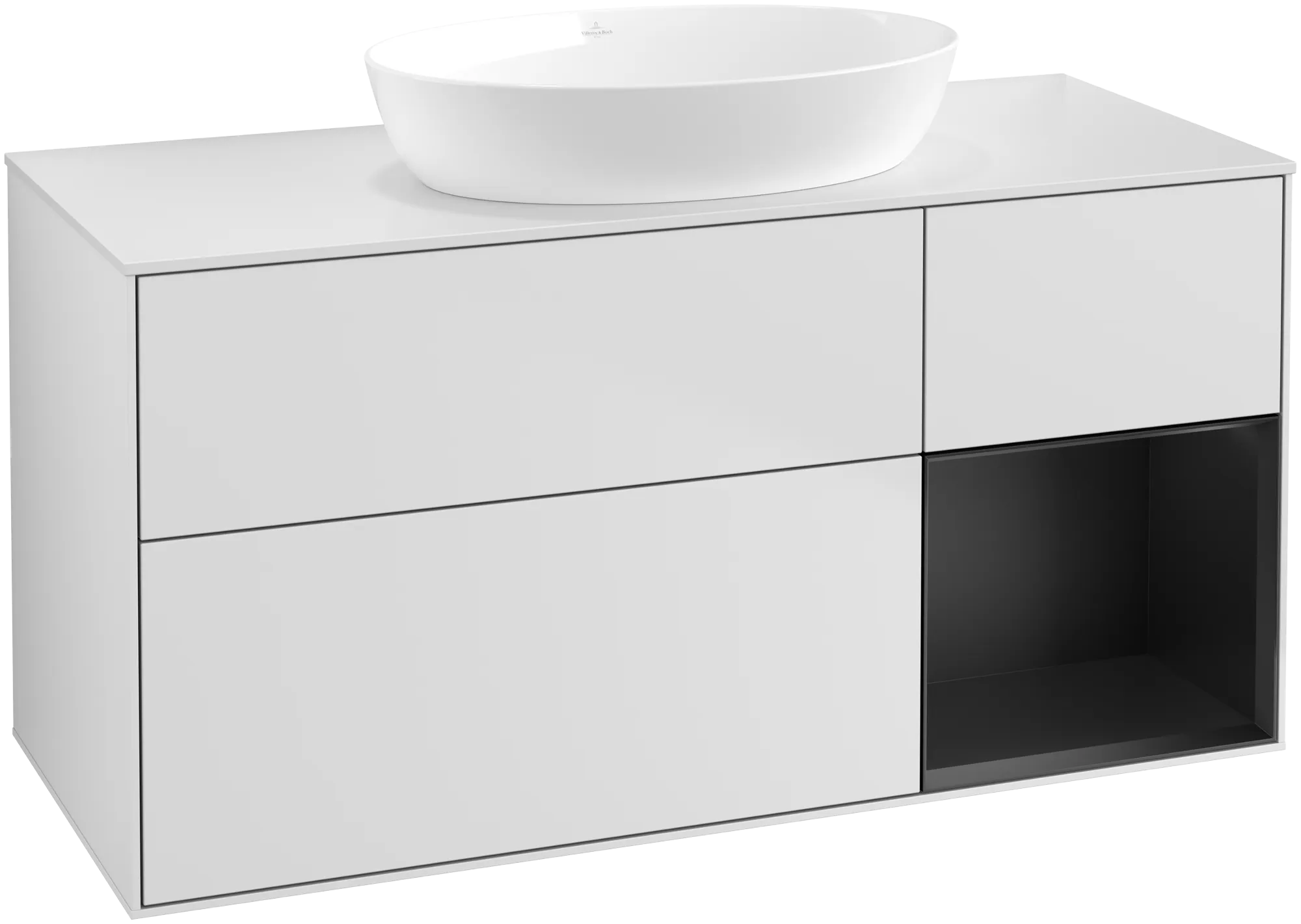 Bild von VILLEROY BOCH Finion Waschbeckenunterschrank, mit Beleuchtung, 3 Auszüge, 1200 x 603 x 501 mm, White Matt Lacquer / Black Matt Lacquer / Glass White Matt #FA71PDMT