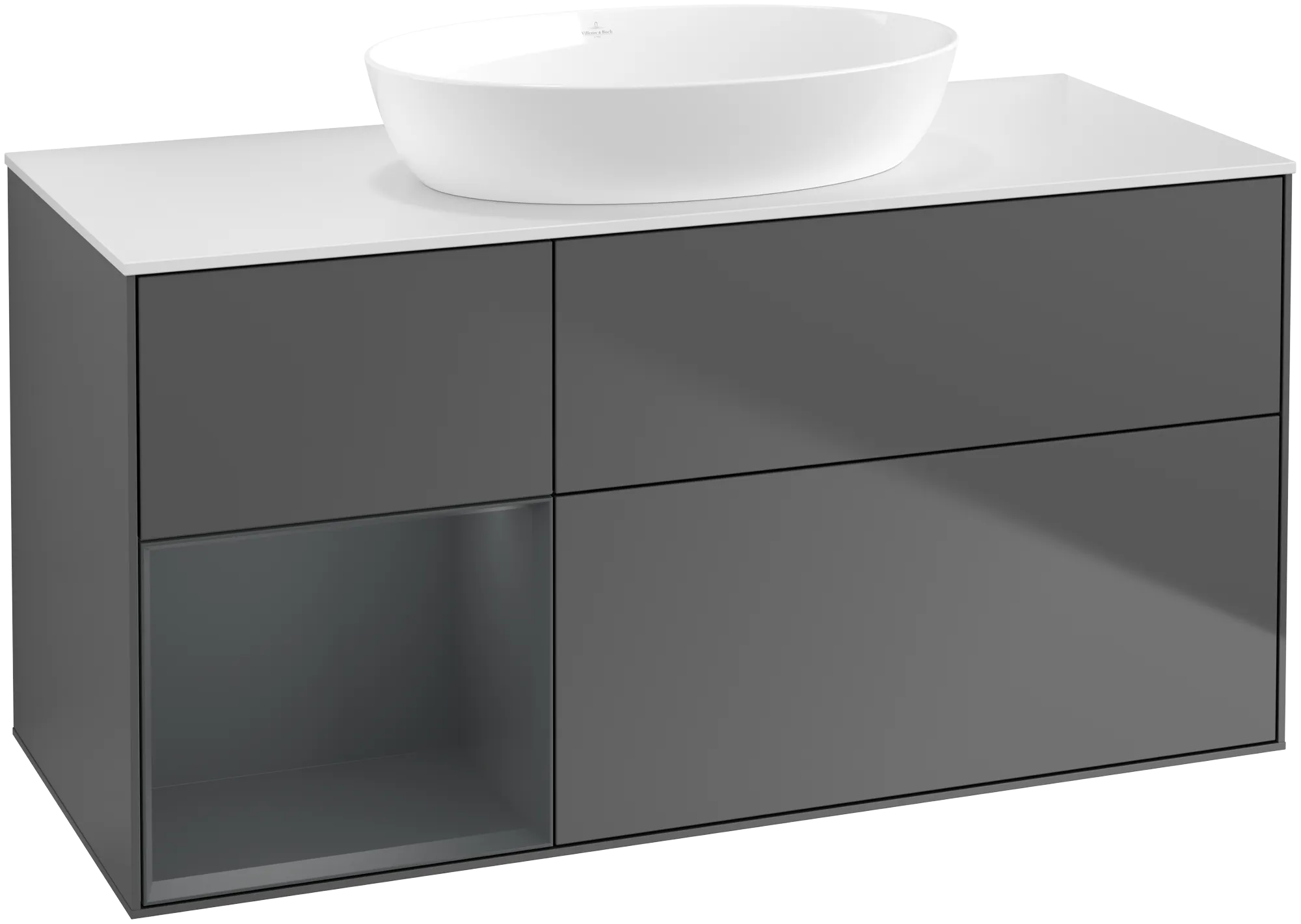 Bild von VILLEROY BOCH Finion Waschbeckenunterschrank, mit Beleuchtung, 3 Auszüge, 1200 x 603 x 501 mm, Anthracite Matt Lacquer / Midnight Blue Matt Lacquer / Glass White Matt #FA61HGGK