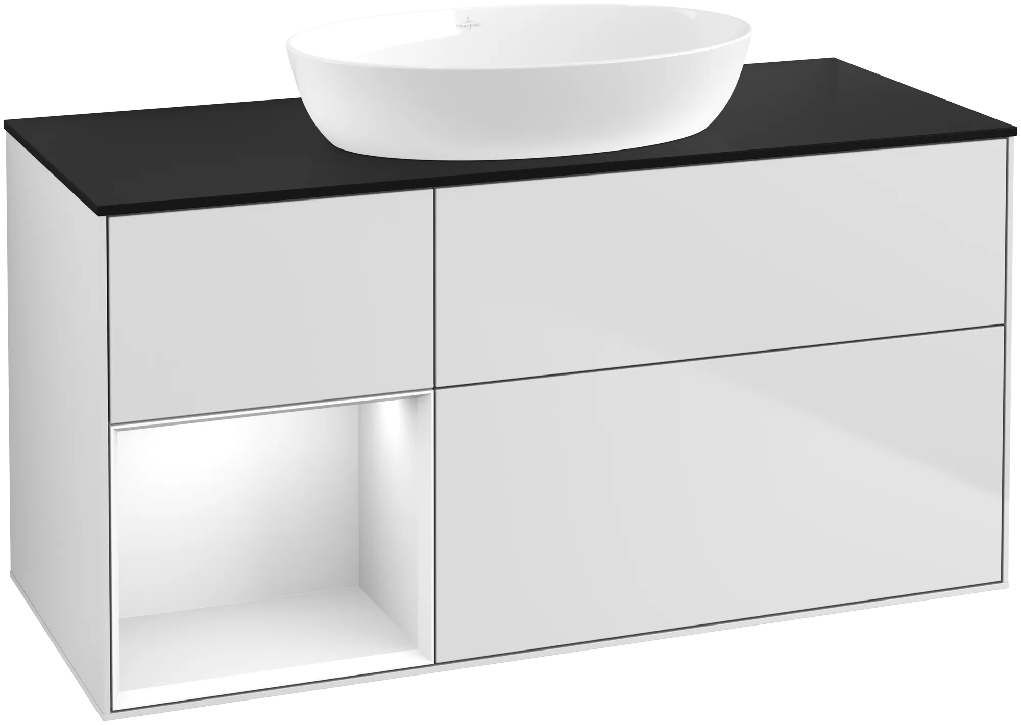Obrázek VILLEROY BOCH Finion Vanity unit, with lighting, 3 pull-out compartments, 1200 x 603 x 501 mm, White Matt Lacquer / Glossy White Lacquer / Glass Black Matt #FA62GFMT