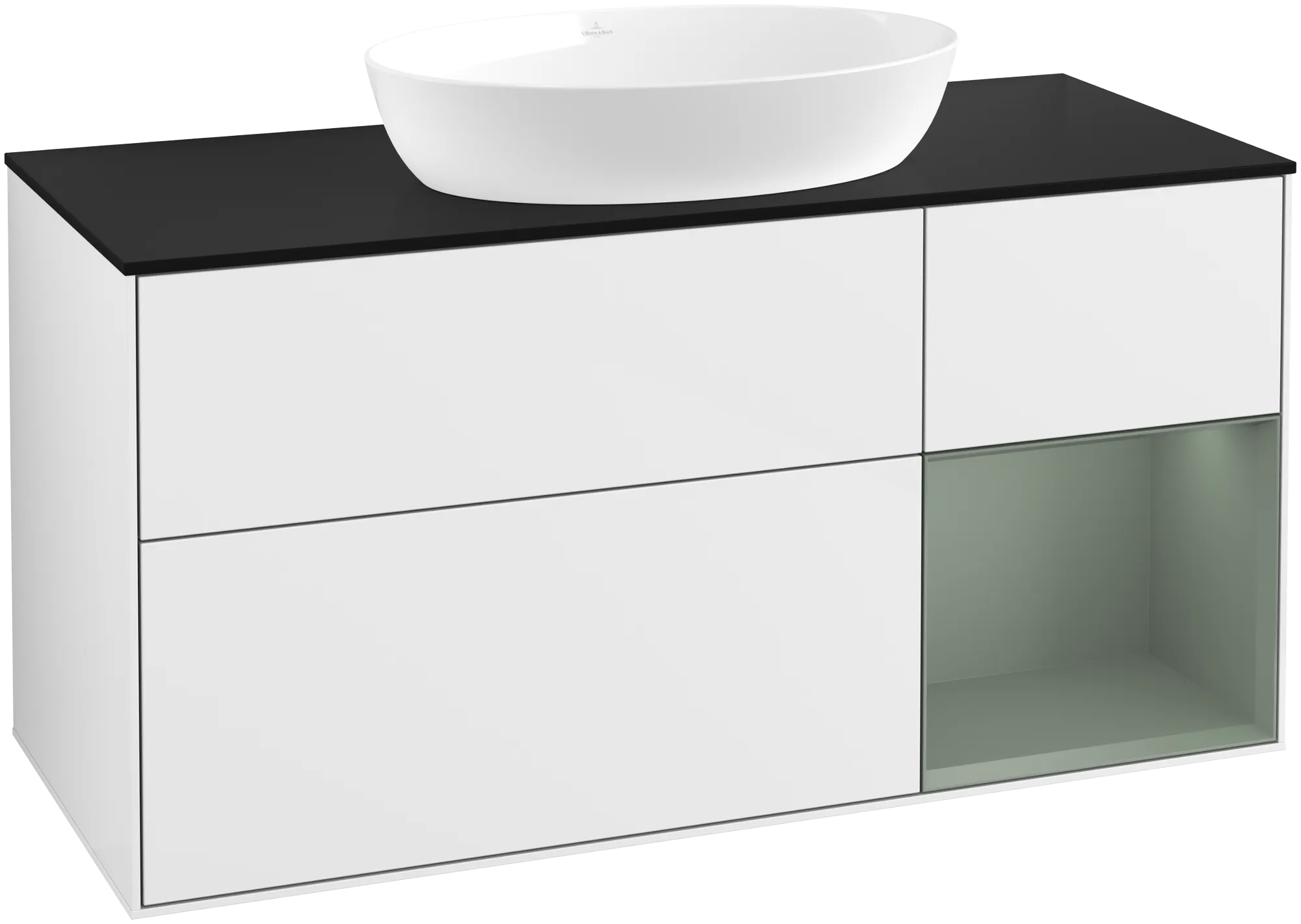 Bild von VILLEROY BOCH Finion Waschbeckenunterschrank, mit Beleuchtung, 3 Auszüge, 1200 x 603 x 501 mm, Glossy White Lacquer / Olive Matt Lacquer / Glass Black Matt #FA72GMGF