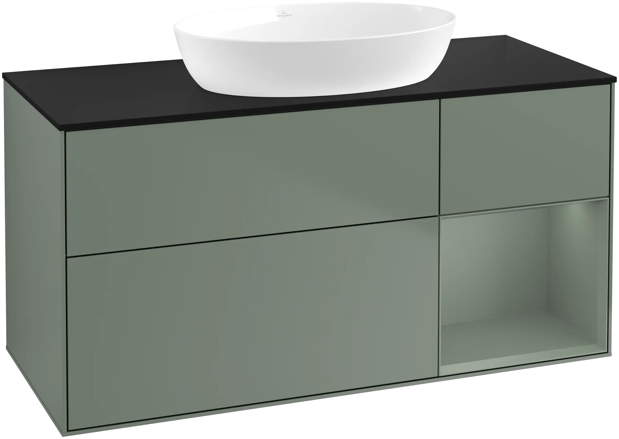 Bild von VILLEROY BOCH Finion Waschbeckenunterschrank, mit Beleuchtung, 3 Auszüge, 1200 x 603 x 501 mm, Olive Matt Lacquer / Olive Matt Lacquer / Glass Black Matt #FA72GMGM