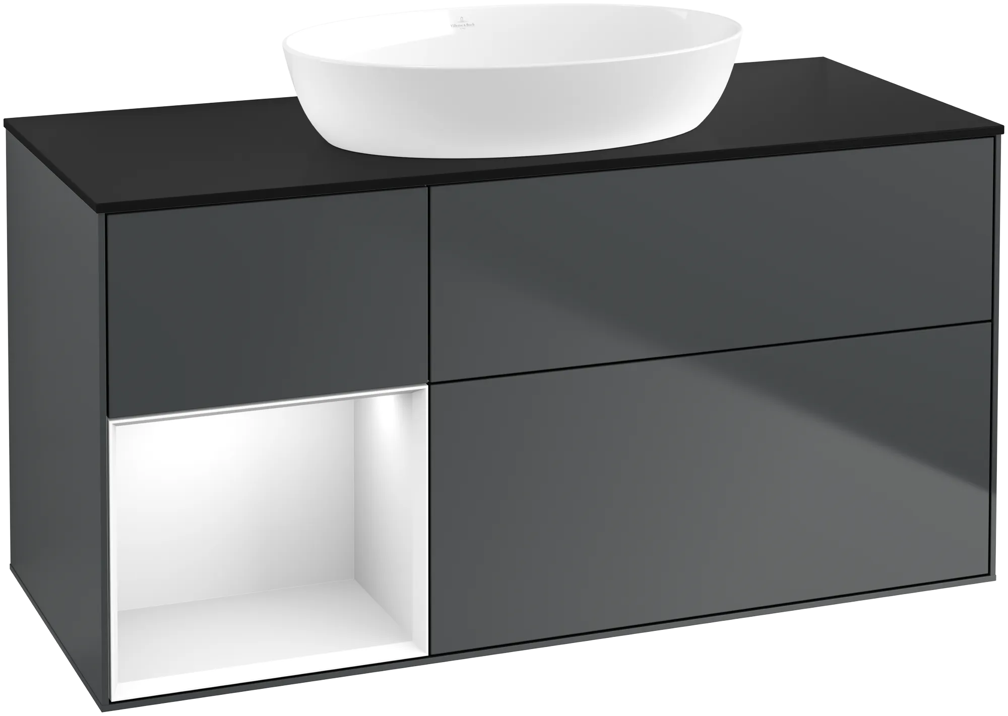 Bild von VILLEROY BOCH Finion Waschbeckenunterschrank, mit Beleuchtung, 3 Auszüge, 1200 x 603 x 501 mm, Midnight Blue Matt Lacquer / Glossy White Lacquer / Glass Black Matt #FA62GFHG