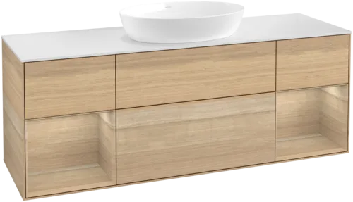 Bild von VILLEROY BOCH Finion Waschbeckenunterschrank, mit Beleuchtung, 4 Auszüge, 1600 x 603 x 501 mm, Oak Veneer / Oak Veneer / Glass White Matt #FD01PCPC