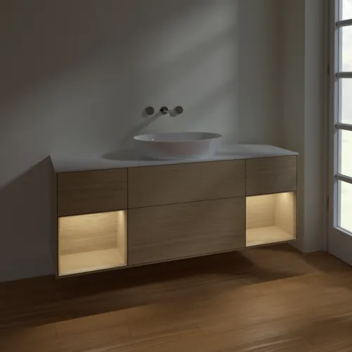 Bild von VILLEROY BOCH Finion Waschbeckenunterschrank, mit Beleuchtung, 4 Auszüge, 1600 x 603 x 501 mm, Oak Veneer / Oak Veneer / Glass White Matt #FD01PCPC