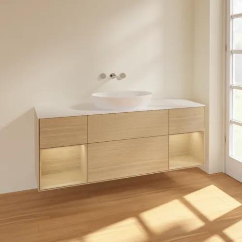 Bild von VILLEROY BOCH Finion Waschbeckenunterschrank, mit Beleuchtung, 4 Auszüge, 1600 x 603 x 501 mm, Oak Veneer / Oak Veneer / Glass White Matt #FD01PCPC
