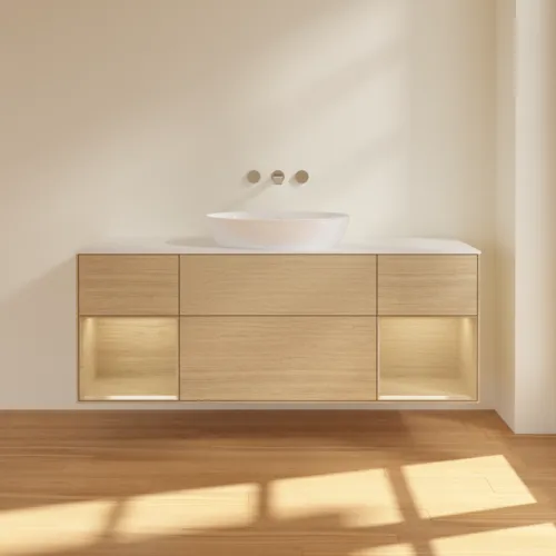 Bild von VILLEROY BOCH Finion Waschbeckenunterschrank, mit Beleuchtung, 4 Auszüge, 1600 x 603 x 501 mm, Oak Veneer / Oak Veneer / Glass White Matt #FD01PCPC