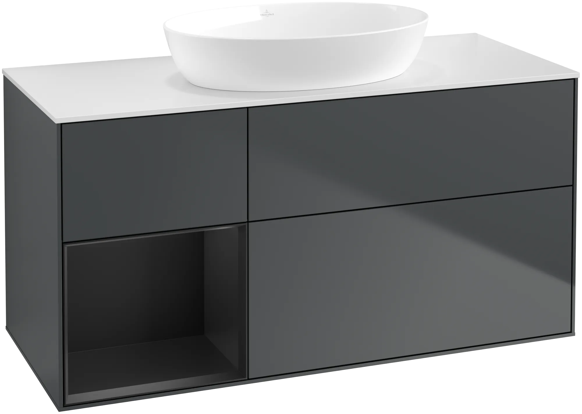 Bild von VILLEROY BOCH Finion Waschbeckenunterschrank, mit Beleuchtung, 3 Auszüge, 1200 x 603 x 501 mm, Midnight Blue Matt Lacquer / Black Matt Lacquer / Glass White Matt #FA61PDHG