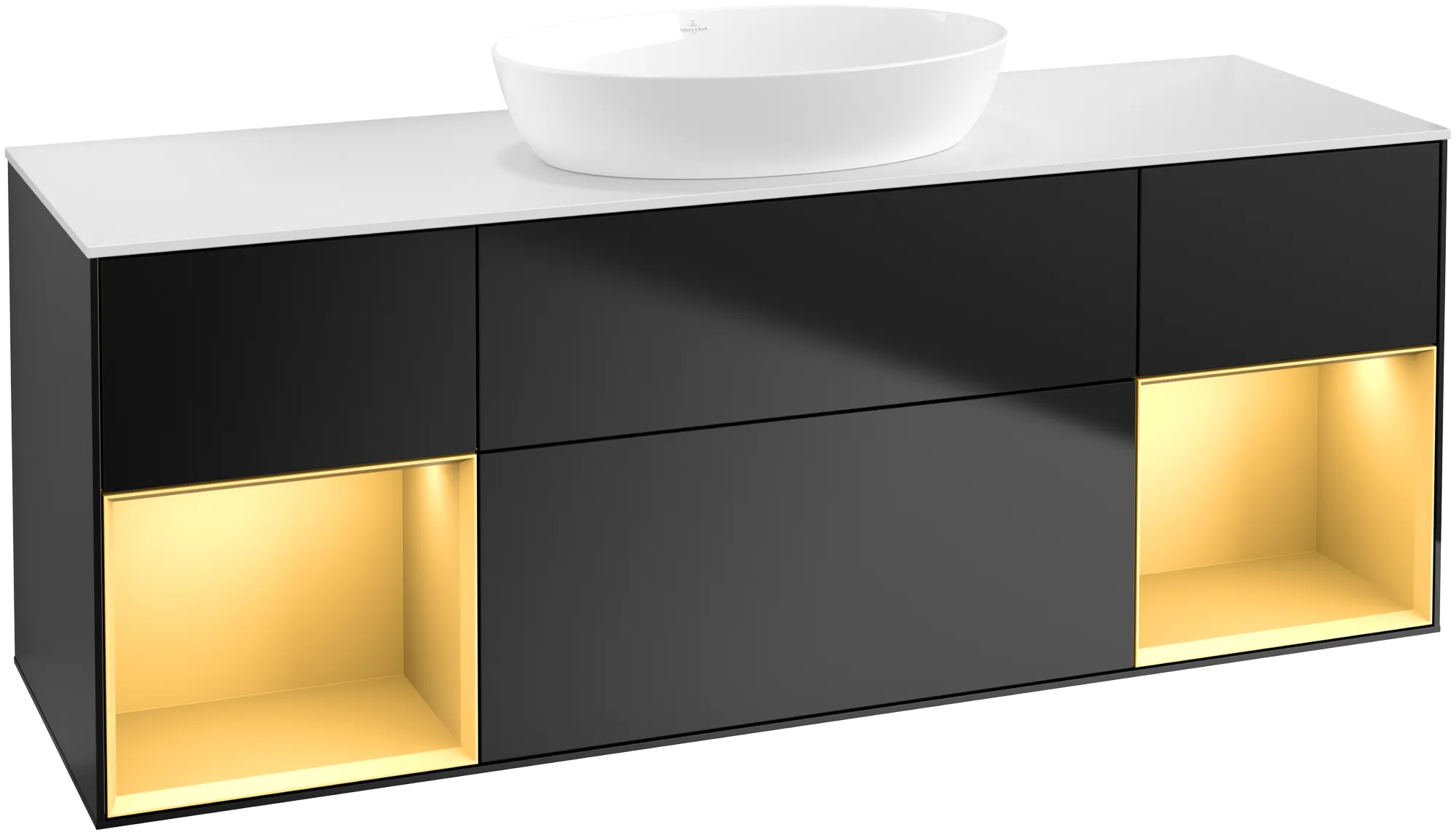 Obrázek VILLEROY BOCH Finion Vanity unit, with lighting, 4 pull-out compartments, 1600 x 603 x 501 mm, Black Matt Lacquer / Gold Matt Lacquer / Glass White Matt #FD01HFPD