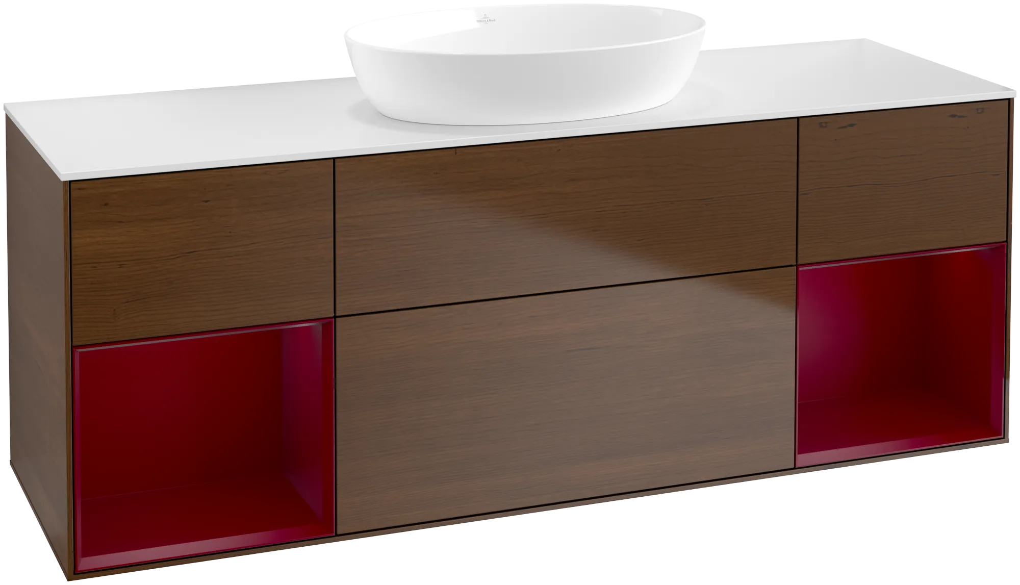 Bild von VILLEROY BOCH Finion Waschbeckenunterschrank, mit Beleuchtung, 4 Auszüge, 1600 x 603 x 501 mm, Walnut Veneer / Peony Matt Lacquer / Glass White Matt #FD01HBGN