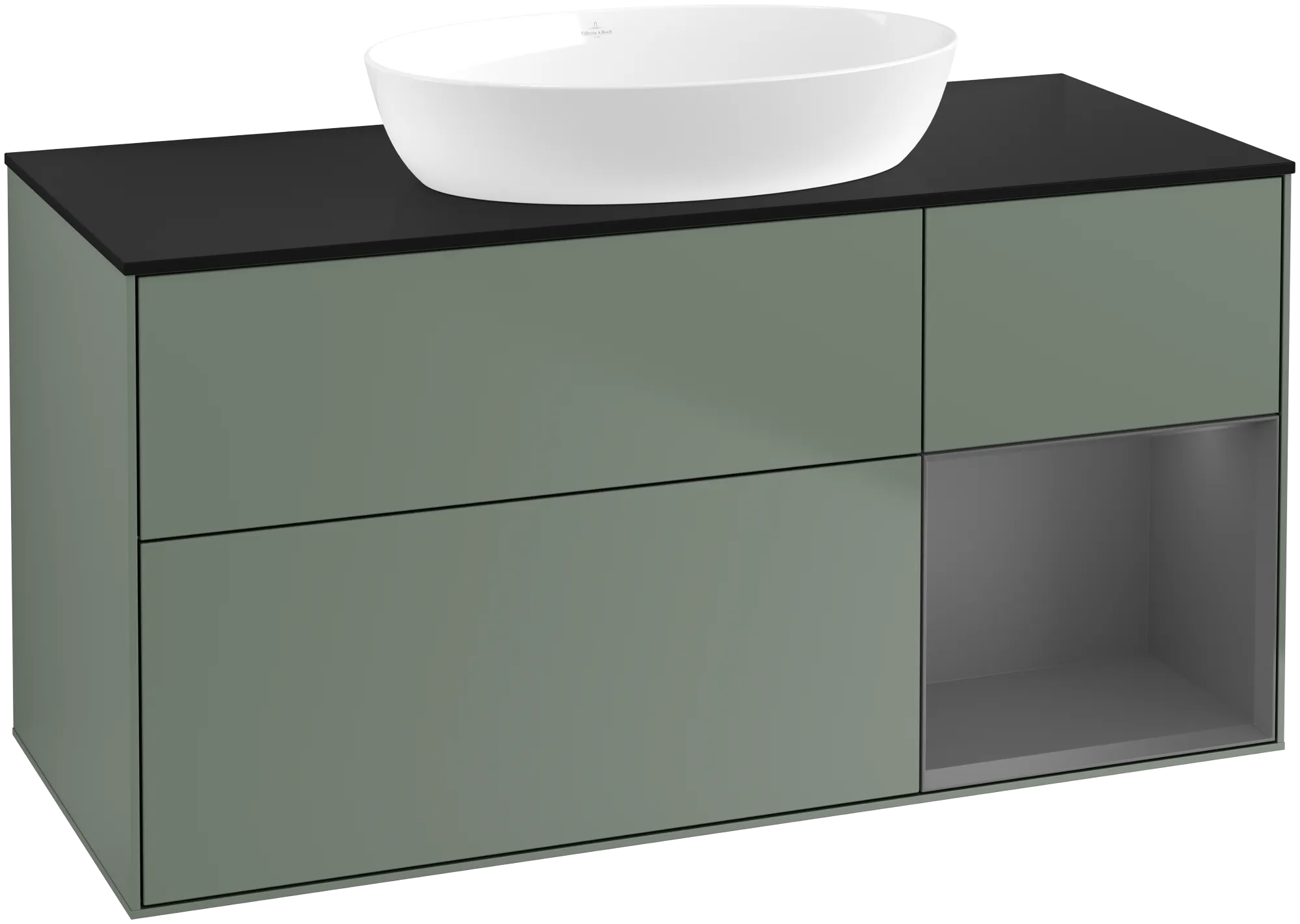 Bild von VILLEROY BOCH Finion Waschbeckenunterschrank, mit Beleuchtung, 3 Auszüge, 1200 x 603 x 501 mm, Olive Matt Lacquer / Anthracite Matt Lacquer / Glass Black Matt #FA72GKGM