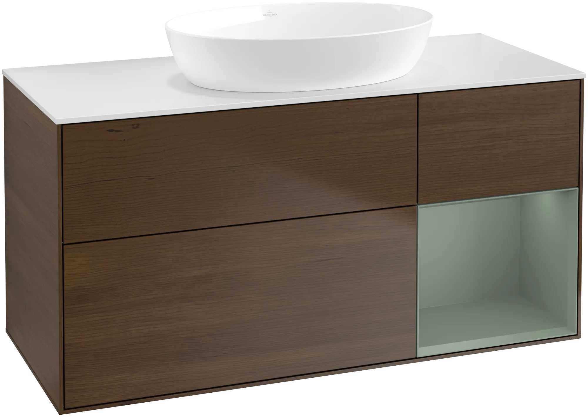 Bild von VILLEROY BOCH Finion Waschbeckenunterschrank, mit Beleuchtung, 3 Auszüge, 1200 x 603 x 501 mm, Walnut Veneer / Olive Matt Lacquer / Glass White Matt #FA71GMGN
