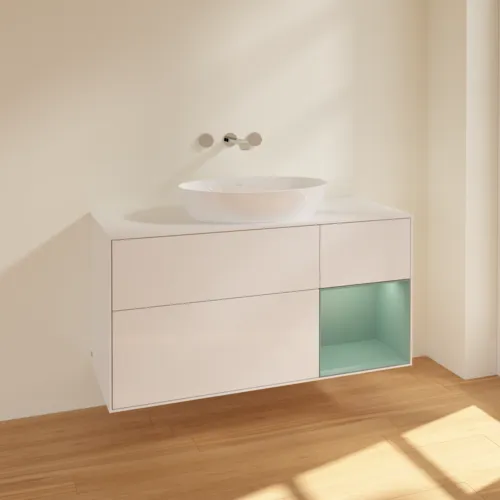 Bild von VILLEROY BOCH Finion Waschbeckenunterschrank, mit Beleuchtung, 3 Auszüge, 1200 x 603 x 501 mm, Glossy White Lacquer / Olive Matt Lacquer / Glass White Matt #FA71GMGF