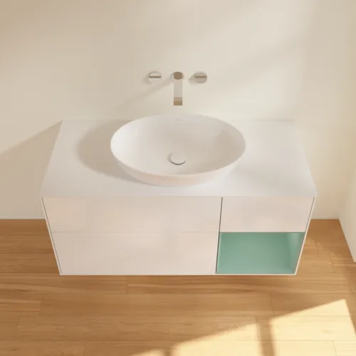 Bild von VILLEROY BOCH Finion Waschbeckenunterschrank, mit Beleuchtung, 3 Auszüge, 1200 x 603 x 501 mm, Glossy White Lacquer / Olive Matt Lacquer / Glass White Matt #FA71GMGF