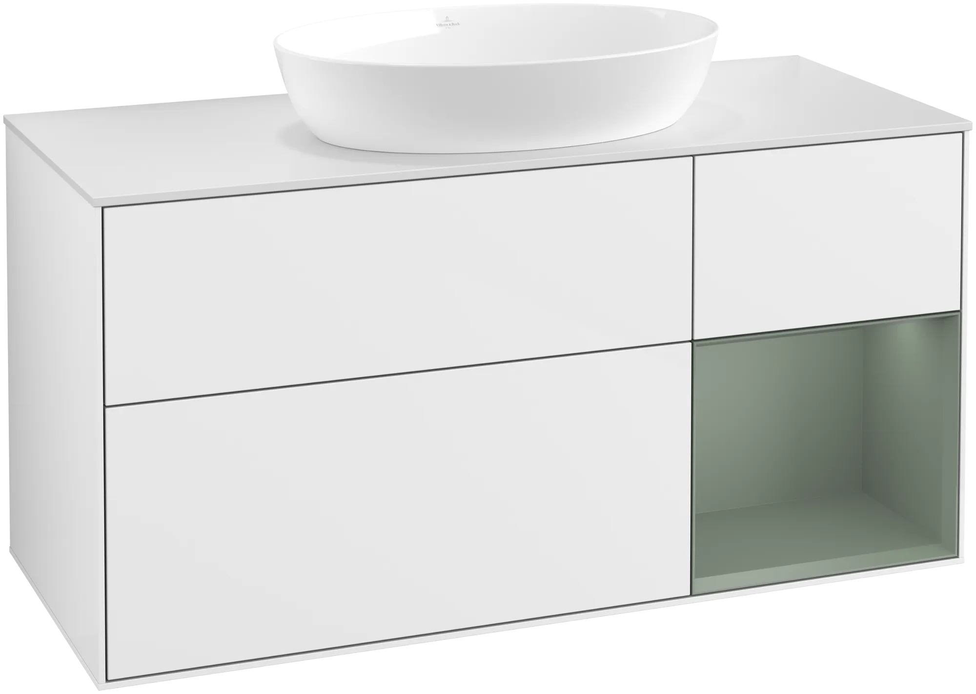 Bild von VILLEROY BOCH Finion Waschbeckenunterschrank, mit Beleuchtung, 3 Auszüge, 1200 x 603 x 501 mm, Glossy White Lacquer / Olive Matt Lacquer / Glass White Matt #FA71GMGF