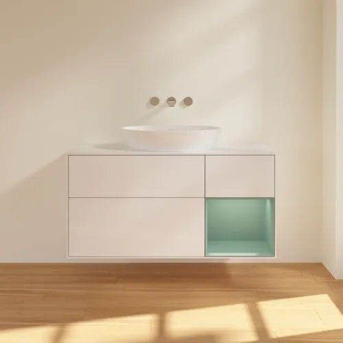 Bild von VILLEROY BOCH Finion Waschbeckenunterschrank, mit Beleuchtung, 3 Auszüge, 1200 x 603 x 501 mm, Glossy White Lacquer / Olive Matt Lacquer / Glass White Matt #FA71GMGF