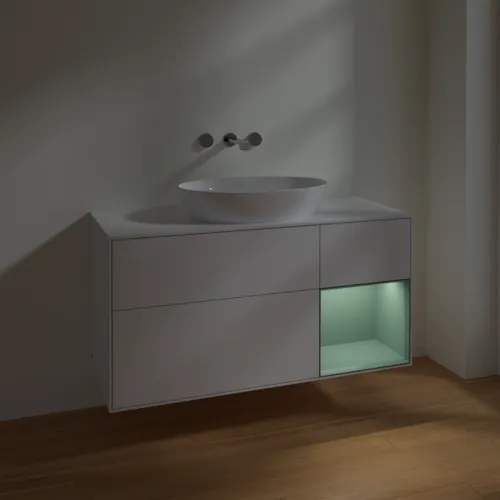 Bild von VILLEROY BOCH Finion Waschbeckenunterschrank, mit Beleuchtung, 3 Auszüge, 1200 x 603 x 501 mm, Glossy White Lacquer / Olive Matt Lacquer / Glass White Matt #FA71GMGF