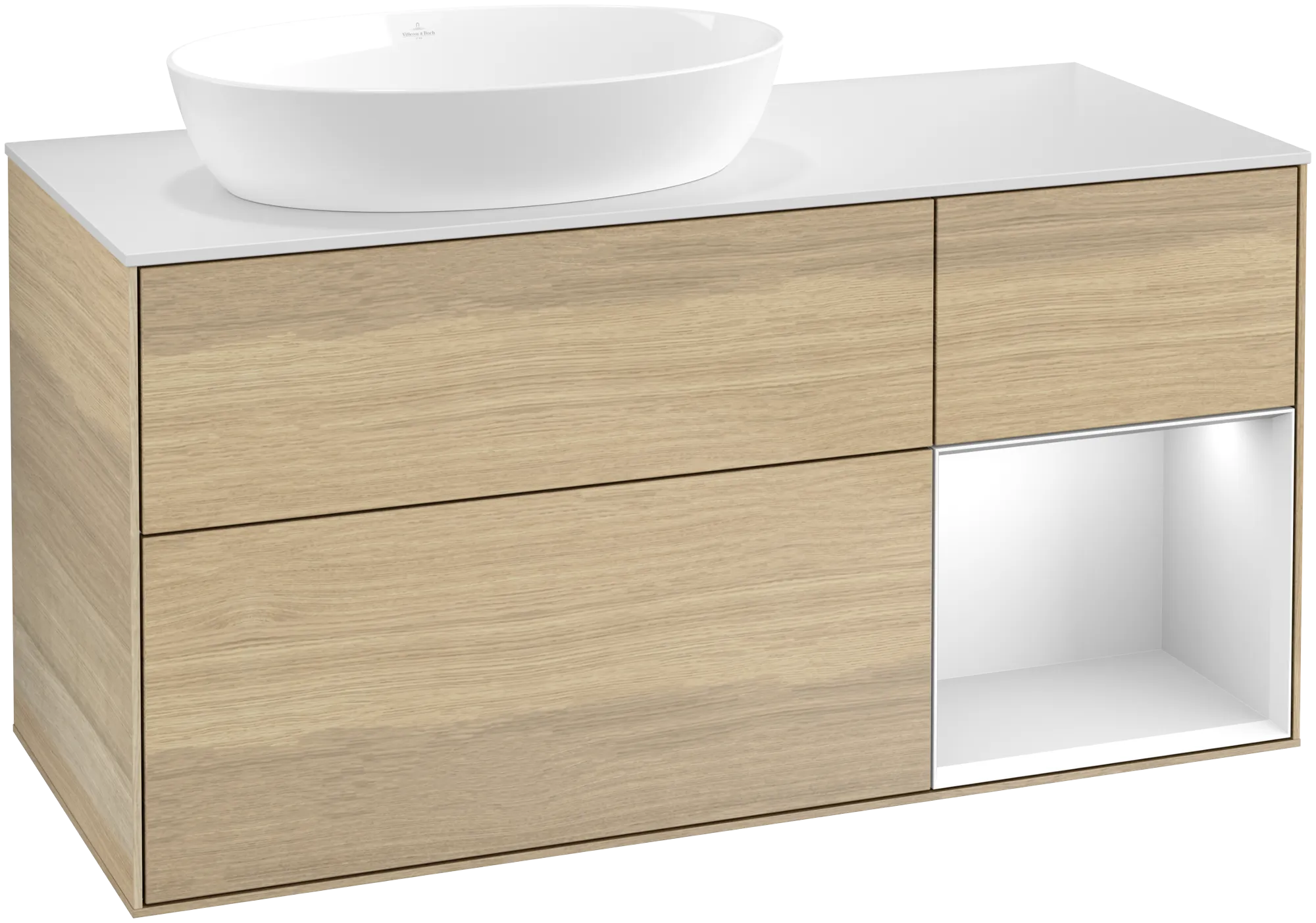 Bild von VILLEROY BOCH Finion Waschbeckenunterschrank, mit Beleuchtung, 3 Auszüge, 1200 x 603 x 501 mm, Oak Veneer / White Matt Lacquer / Glass White Matt #FA51MTPC