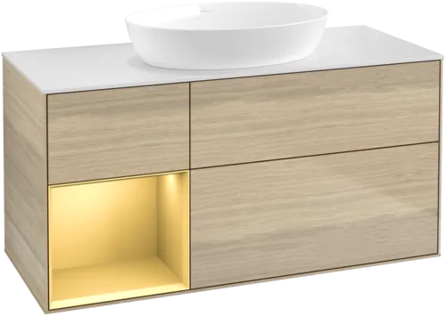 Bild von VILLEROY BOCH Finion Waschbeckenunterschrank, mit Beleuchtung, 3 Auszüge, 1200 x 603 x 501 mm, Oak Veneer / Gold Matt Lacquer / Glass White Matt #FA61HFPC