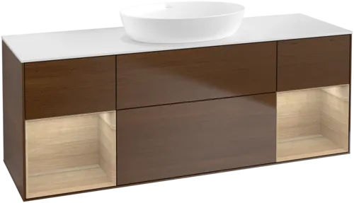 Bild von VILLEROY BOCH Finion Waschbeckenunterschrank, mit Beleuchtung, 4 Auszüge, 1600 x 603 x 501 mm, Walnut Veneer / Oak Veneer / Glass White Matt #FD01PCGN