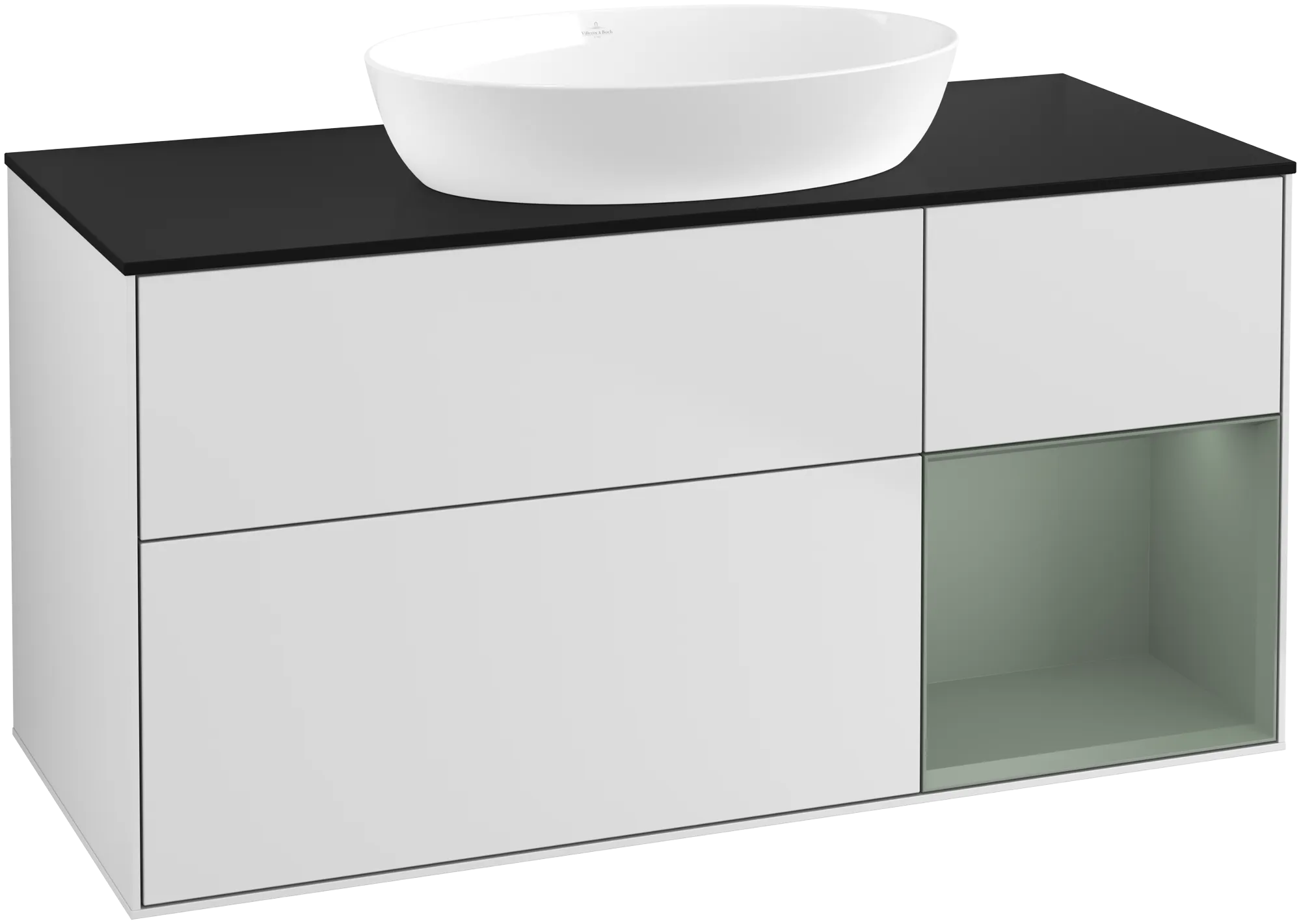 Bild von VILLEROY BOCH Finion Waschbeckenunterschrank, mit Beleuchtung, 3 Auszüge, 1200 x 603 x 501 mm, White Matt Lacquer / Olive Matt Lacquer / Glass Black Matt #FA72GMMT