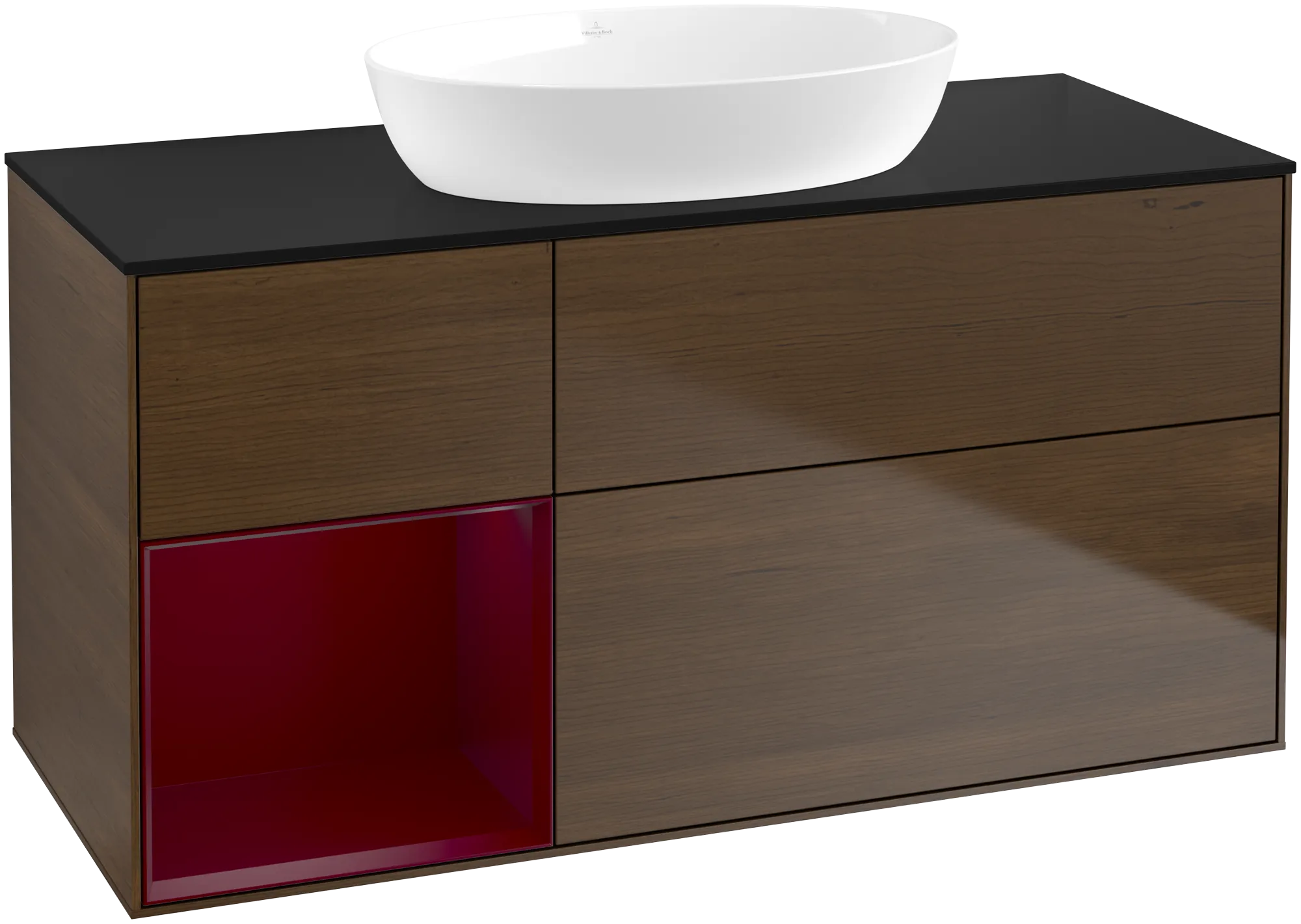 Bild von VILLEROY BOCH Finion Waschbeckenunterschrank, mit Beleuchtung, 3 Auszüge, 1200 x 603 x 501 mm, Walnut Veneer / Peony Matt Lacquer / Glass Black Matt #FA62HBGN