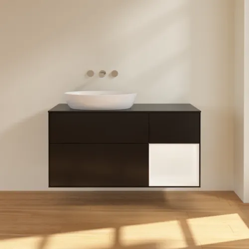 Bild von VILLEROY BOCH Finion Waschbeckenunterschrank, mit Beleuchtung, 3 Auszüge, 1200 x 603 x 501 mm, Black Matt Lacquer / White Matt Lacquer / Glass Black Matt #FA52MTPD