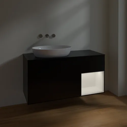 Bild von VILLEROY BOCH Finion Waschbeckenunterschrank, mit Beleuchtung, 3 Auszüge, 1200 x 603 x 501 mm, Black Matt Lacquer / White Matt Lacquer / Glass Black Matt #FA52MTPD