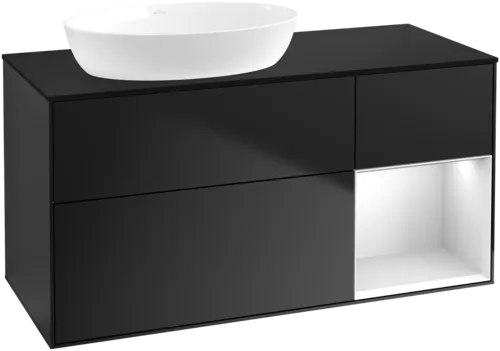 Bild von VILLEROY BOCH Finion Waschbeckenunterschrank, mit Beleuchtung, 3 Auszüge, 1200 x 603 x 501 mm, Black Matt Lacquer / White Matt Lacquer / Glass Black Matt #FA52MTPD