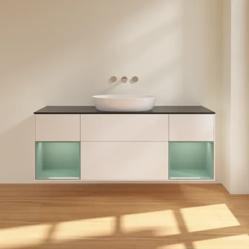 Bild von VILLEROY BOCH Finion Waschbeckenunterschrank, mit Beleuchtung, 4 Auszüge, 1600 x 603 x 501 mm, White Matt Lacquer / Olive Matt Lacquer / Glass Black Matt #FD02GMMT