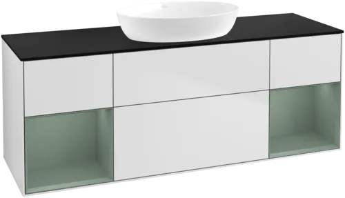 Bild von VILLEROY BOCH Finion Waschbeckenunterschrank, mit Beleuchtung, 4 Auszüge, 1600 x 603 x 501 mm, White Matt Lacquer / Olive Matt Lacquer / Glass Black Matt #FD02GMMT