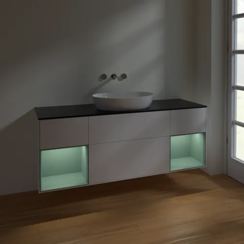 Bild von VILLEROY BOCH Finion Waschbeckenunterschrank, mit Beleuchtung, 4 Auszüge, 1600 x 603 x 501 mm, White Matt Lacquer / Olive Matt Lacquer / Glass Black Matt #FD02GMMT