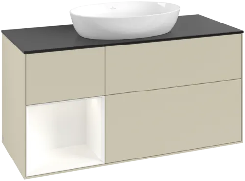 Bild von VILLEROY BOCH Finion Waschbeckenunterschrank, mit Beleuchtung, 3 Auszüge, 1200 x 603 x 501 mm, Silk Grey Matt Lacquer / White Matt Lacquer / Glass Black Matt #FA62MTHJ