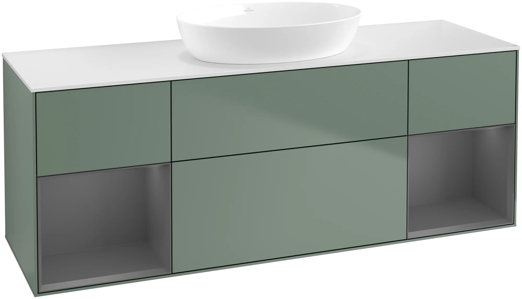 Bild von VILLEROY BOCH Finion Waschbeckenunterschrank, mit Beleuchtung, 4 Auszüge, 1600 x 603 x 501 mm, Olive Matt Lacquer / Anthracite Matt Lacquer / Glass White Matt #FD01GKGM