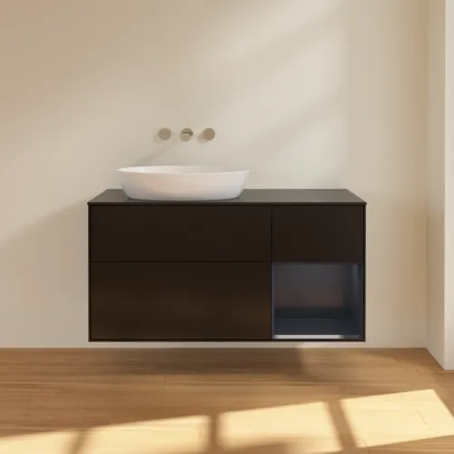 Picture of VILLEROY BOCH Finion Vanity unit, with lighting, 3 pull-out compartments, 1200 x 603 x 501 mm, Black Matt Lacquer / Midnight Blue Matt Lacquer / Glass Black Matt #FA52HGPD