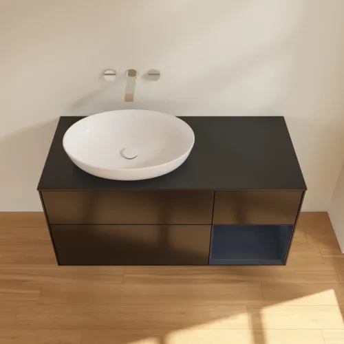 Picture of VILLEROY BOCH Finion Vanity unit, with lighting, 3 pull-out compartments, 1200 x 603 x 501 mm, Black Matt Lacquer / Midnight Blue Matt Lacquer / Glass Black Matt #FA52HGPD