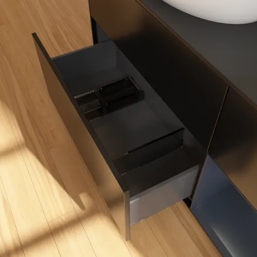 Picture of VILLEROY BOCH Finion Vanity unit, with lighting, 3 pull-out compartments, 1200 x 603 x 501 mm, Black Matt Lacquer / Midnight Blue Matt Lacquer / Glass Black Matt #FA52HGPD