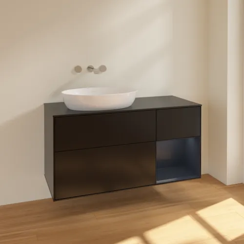 Picture of VILLEROY BOCH Finion Vanity unit, with lighting, 3 pull-out compartments, 1200 x 603 x 501 mm, Black Matt Lacquer / Midnight Blue Matt Lacquer / Glass Black Matt #FA52HGPD
