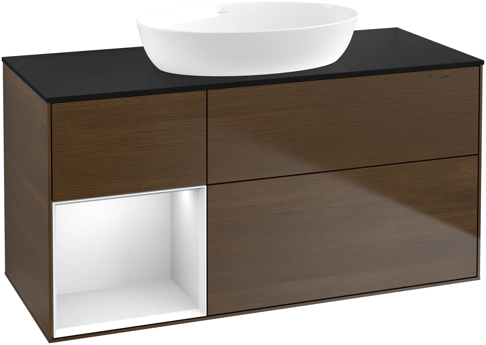 Bild von VILLEROY BOCH Finion Waschbeckenunterschrank, mit Beleuchtung, 3 Auszüge, 1200 x 603 x 501 mm, Walnut Veneer / White Matt Lacquer / Glass Black Matt #FA62MTGN
