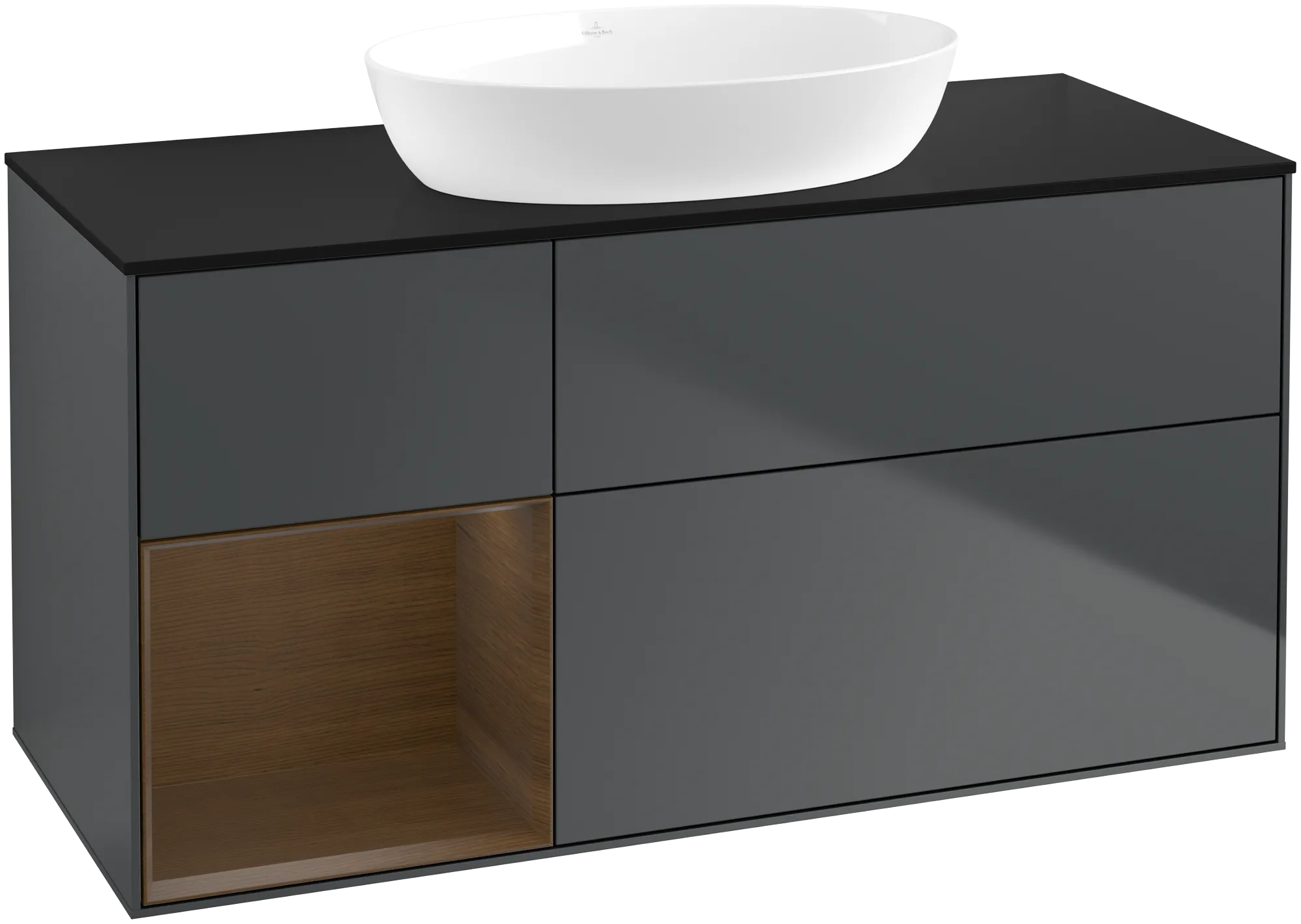 Bild von VILLEROY BOCH Finion Waschbeckenunterschrank, mit Beleuchtung, 3 Auszüge, 1200 x 603 x 501 mm, Midnight Blue Matt Lacquer / Walnut Veneer / Glass Black Matt #FA62GNHG