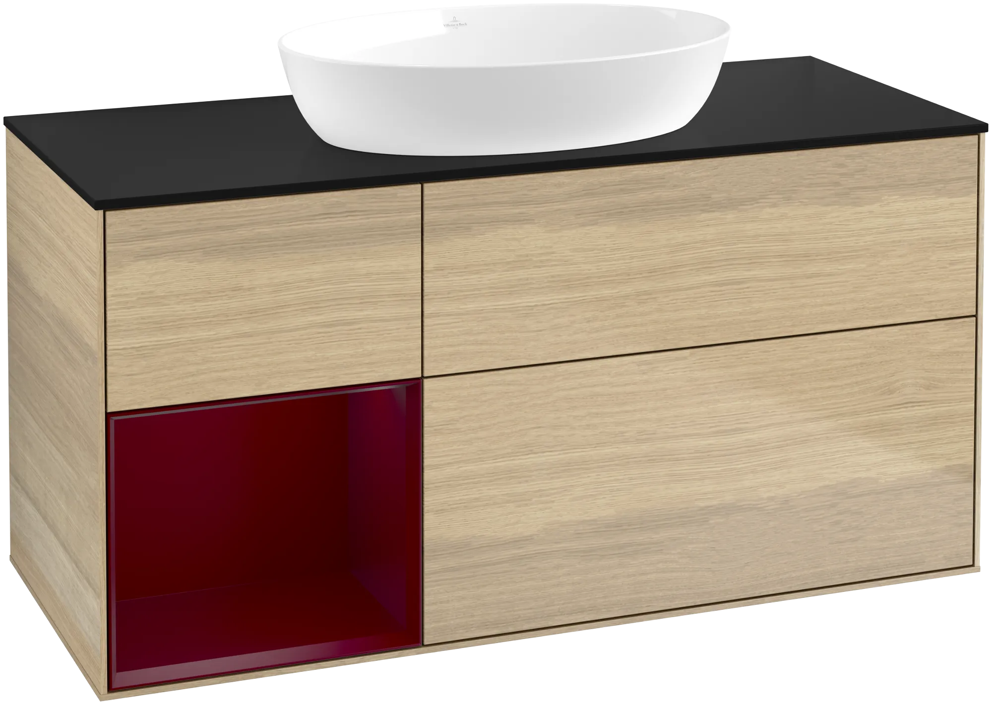 Bild von VILLEROY BOCH Finion Waschbeckenunterschrank, mit Beleuchtung, 3 Auszüge, 1200 x 603 x 501 mm, Oak Veneer / Peony Matt Lacquer / Glass Black Matt #FA62HBPC