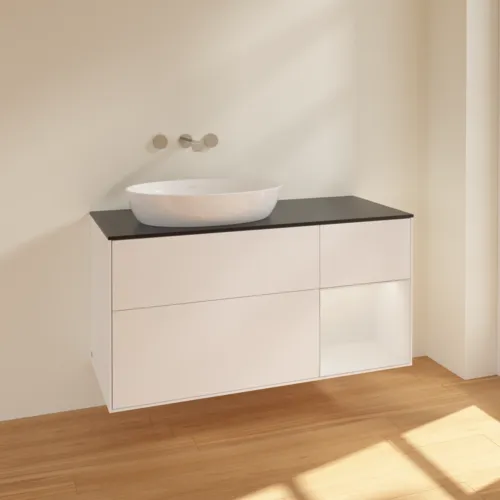 Bild von VILLEROY BOCH Finion Waschbeckenunterschrank, mit Beleuchtung, 3 Auszüge, 1200 x 603 x 501 mm, White Matt Lacquer / Glossy White Lacquer / Glass Black Matt #FA52GFMT