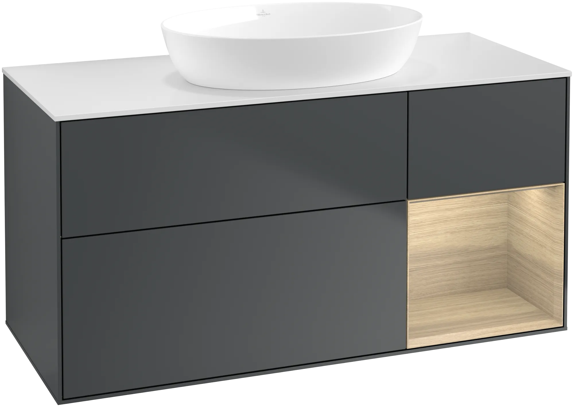 Bild von VILLEROY BOCH Finion Waschbeckenunterschrank, mit Beleuchtung, 3 Auszüge, 1200 x 603 x 501 mm, Midnight Blue Matt Lacquer / Oak Veneer / Glass White Matt #FA71PCHG
