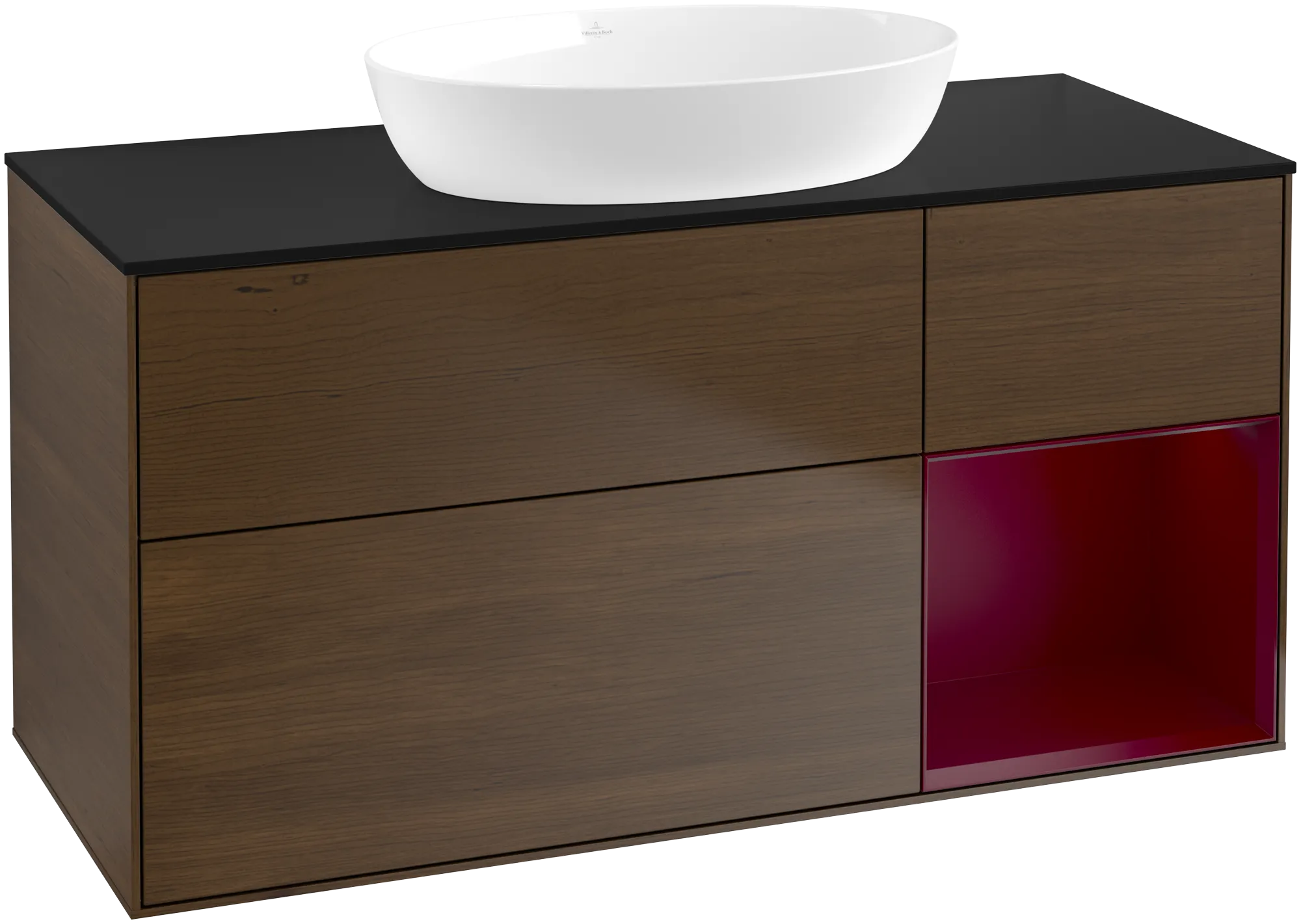Bild von VILLEROY BOCH Finion Waschbeckenunterschrank, mit Beleuchtung, 3 Auszüge, 1200 x 603 x 501 mm, Walnut Veneer / Peony Matt Lacquer / Glass Black Matt #FA72HBGN