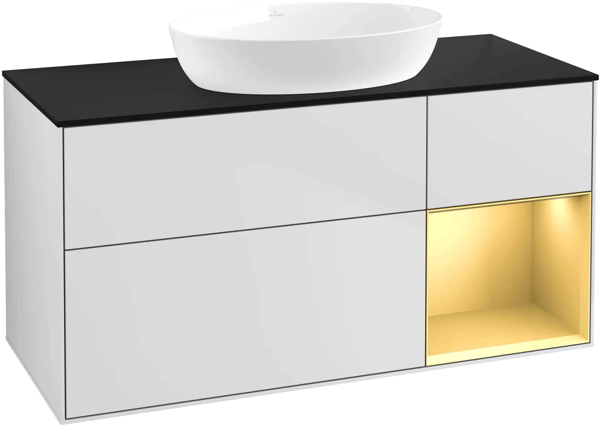 Bild von VILLEROY BOCH Finion Waschbeckenunterschrank, mit Beleuchtung, 3 Auszüge, 1200 x 603 x 501 mm, White Matt Lacquer / Gold Matt Lacquer / Glass Black Matt #FA72HFMT